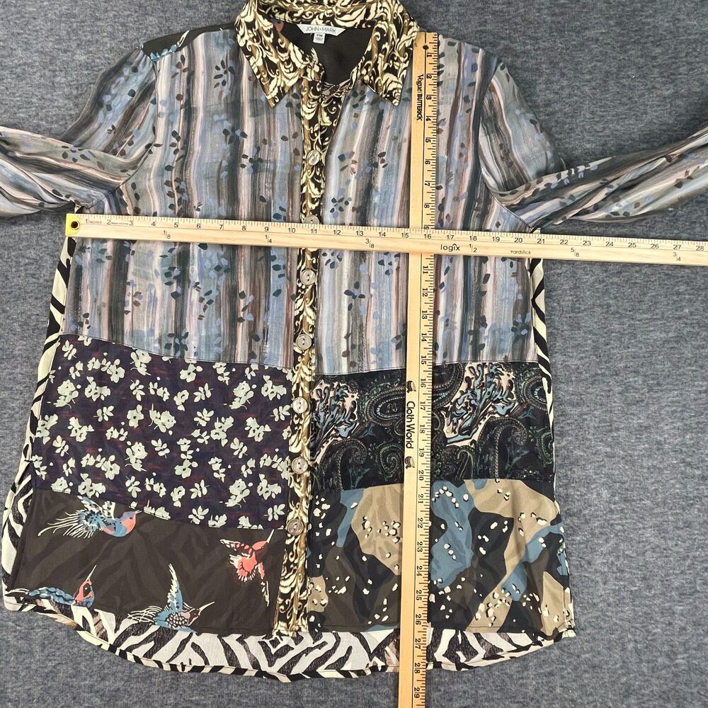John Mark PM Mixed Print Patchwork Tunic Roll Tab Button Down Blouse Bird Artsy - Picture 6 of 14